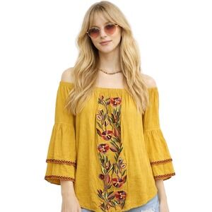 Solitaire Boho Embroidered Peasant Top Mustard Floral Off Shoulder M‎